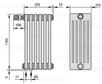 Схема (чертеж) Радиатор Zehnder Charleston 6110/6 №V001 Белый глянцевый RAL 9016
